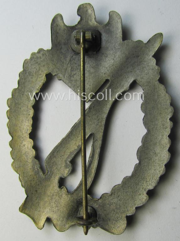 'Infanterie Sturmabzeichen in Bronze' (or: bronze-class infantry-assault-badge ie. IAB) being a non-maker-marked, so-called: 'semi-hollow-back'-example as was (I deem) produced by the: 'R.A. Karneth u. Söhne'-company