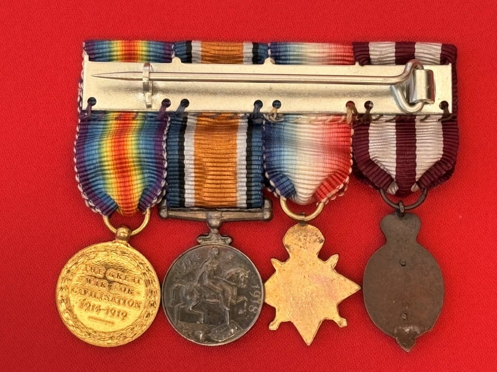 WWI BRITISH SET OF DRESS MINATURES ALBERT MEDAL AND SOLID SILVER IDENTITY BTACELET 1918.