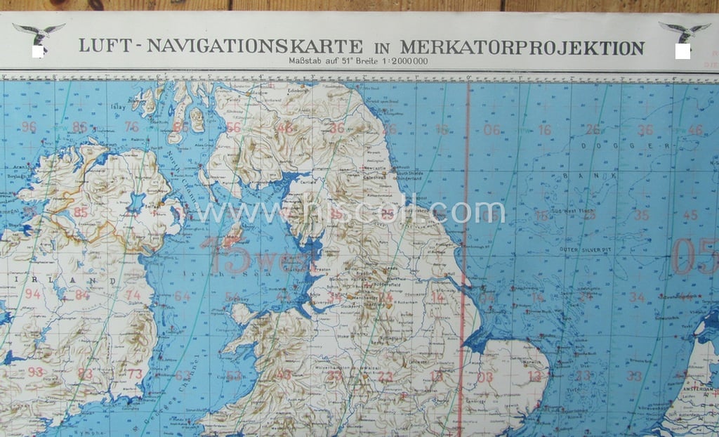 Very interesting, specific WH (Luftwaffe) linnen-based, navigation flight-map (ie. 'Luft-Navigationskarte in Merkatorprojektion') depicting the UK, Ireland, Northern France, Belgium and the Netherlands, dated '1941'