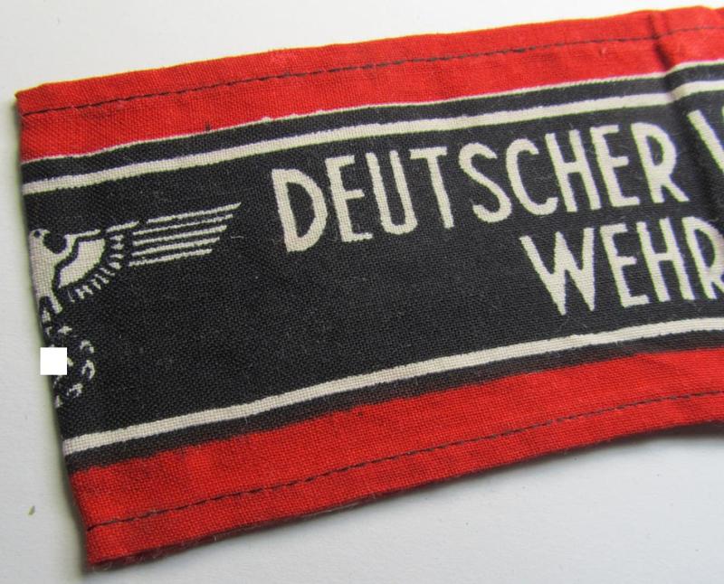 Superb, typically printed- and/or later-war-period, bright-red- and/or black-coloured so-called: 'Deutscher Volkssturm'-armband (ie. 'Armbinde') that comes in an overall very nice- (I deem hardly used- nor worn- ie. 'virtually mint'-), conditio...