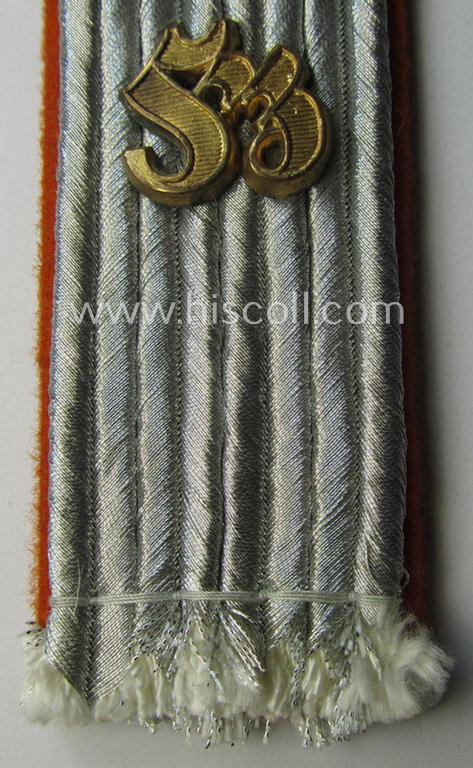 Attractive - albeit regrettably single - neatly 'cyphered' WH (Heeres) officers'-type shoulderboard as piped in the orange-coloured branchcolour as was intended for a: 'Leutnant u. E.-Offizier einer Feldzeugdienstelle'