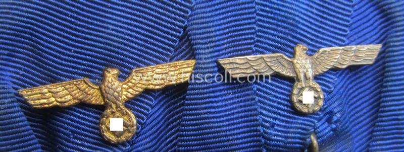 Attractive - and truly used! - two-pieced medal-bar (ie. 'Spange') showing two: WH (Heeres o. Kriegsmarine) so-called: 'Dienstauszeichnungen für 4 u. 12 Jahre Treue Dienste' that both come period-mounted as a so-called: 'Doppelspange'
