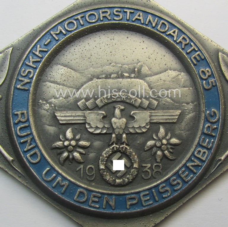 Commemorative N.S.K.K.-related plaque (ie. 'Erinnerungs- o. nichttragbare Plakette') showing a landscape-scenery, typical N.S.K.K.-eagle-device and text: 'NSKK-Motorstandarte 85 - Rund um den Peissenberg - 1938'