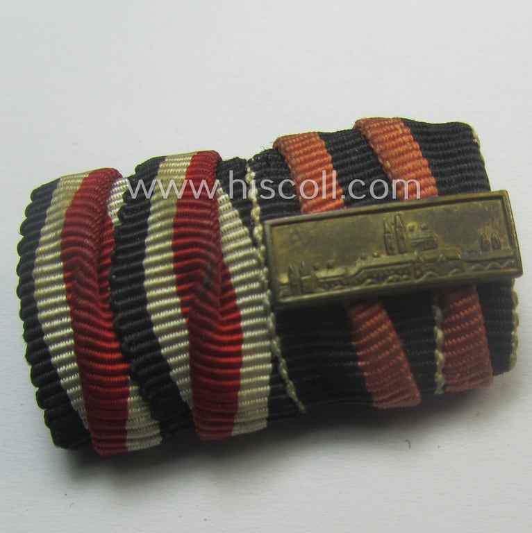 2-pieced, WH (Heeres etc.) ribbon-bar (ie. 'Band- o. Feldspange') that is showing the ribbons for an: 'EK II.Kl.' and a Czech 'Anschluss'-medal (and having a detailed miniature 'Prager Burg-Spange' period-attached!)