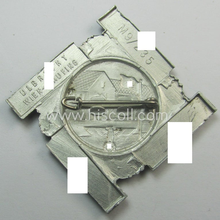 N.S.D.A.P.-related, Austrian 'tinnie' being a maker- (ie. 'Ulbricht - Wien'-) marked example depicting an NSDAP-office and eagle-device resting on a swastika and showing the text: 'Kreishaus Eröffnung - Vöcklabruck - August 1939'