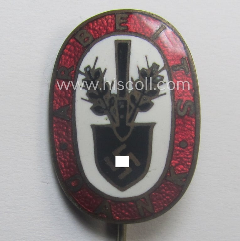 Neatly enamelled 'Reichsarbeitsdienst'- (ie. RAD-) related so-called: 'Mitglieds- o. Zivil-Abzeichen' being an attractive and patent-pending- (ie. 'Ges.Gesch.'-) marked example that shows the text: 'Arbeitsdank'