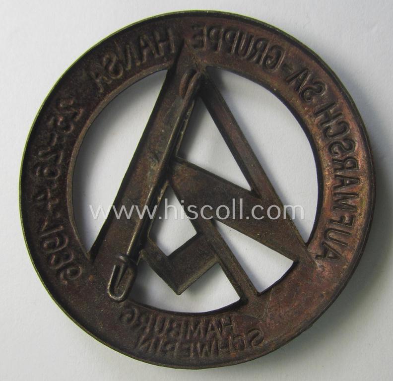Golden bronze-toned- (and I deem typical zinc-based) SA-related day-badge (ie. 'tinnie' or: 'Veranstaltungsabzeichen') as was issued to commemorate the: 'Aufmarsch SA-Gruppe Hansa - 25.26.4.1935 - Hamburg Schwerin'