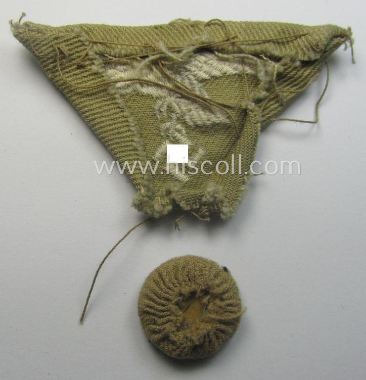 Moderately used and/or carefully cap-removed, WH (Luftwaffe) 'tropical-issued' cap-eagle and cocarde-set as was specifically intended for usage onto the tropical-styled LW side-caps (ie. 'Schiffchen')