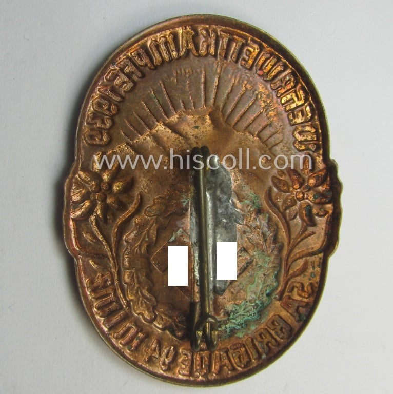 Commemorative, reddish-bronze-toned and Austrian-related, SA- (ie. 'Sturmabteilungen'-) related 'tinnie' being a non-maker-marked example showing an: 'SA-Sportabzeichen', sunburst and text: 'Wettkämpfe 1939 - SA-Brigade 94 in Linz'