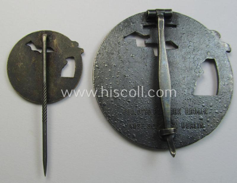 Attractive - and complete! - set comprising of a WH (KM) 'Blockadebrecher-Kriegsabzeichen' being a maker- (ie. 'Schwerin'-) marked example that comes together with its accompanying 'Halbminiatur', both as executed in multi-coloured 'Buntmetall...