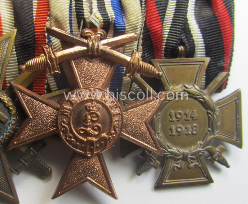 4-pieced, WWI- (ie. TR-) period medal-bar (ie.: 'Ordenspange') resp. showing a WWI-pattern: 'EKII. Kl.', a: 'KvK II.Kl. mit S.', a: 'Bayern Militär-Verdienstkreuz 3. Kl. mit Schwn.' and a: 'FKK 1914-18 mit Schwn.'
