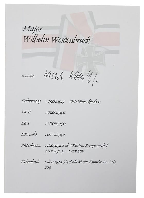 Signature of Wehrmacht Heer KC&OLC Recipient 'Wilhelm Weidenbrück'