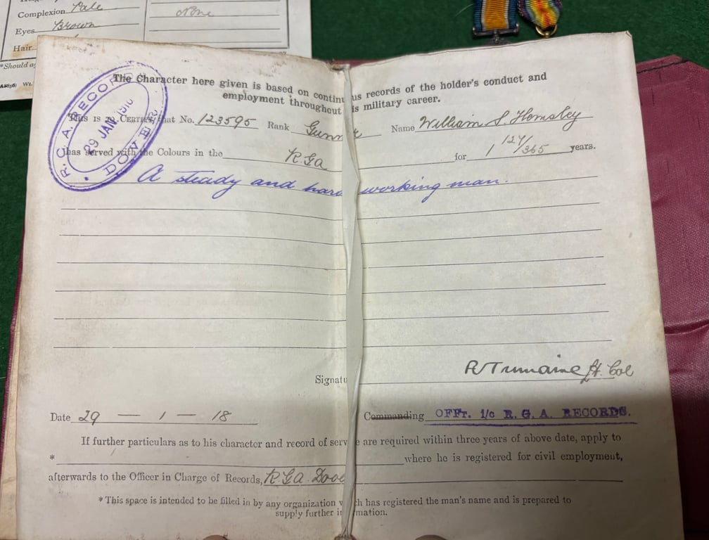 RGA Discharge Wallet, Minature Medals and Documents 123595 Gunner WS Hemsley