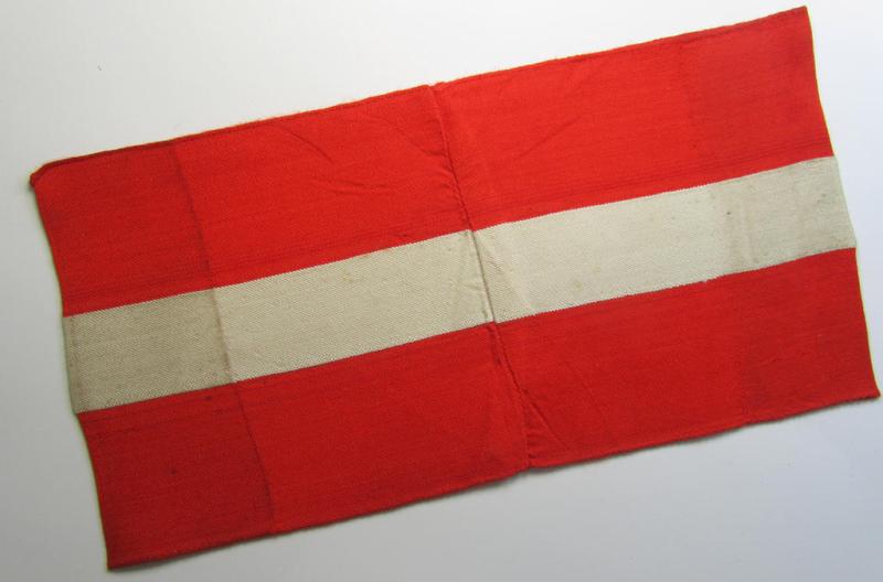 Attractive - and scarcely found! - 'standard'- (ie. entirely woven) pattern, bright-red-coloured HJ- (ie. 'Hitlerjugend'-) related armband (ie. 'Armbinde') being a moderately worn- ie. used example that regrettably misses its 'RzM'-etiket