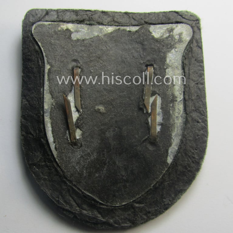 Truly worn, WH (Heeres ie. Waffen-SS) 'Kuban'-campaign-shield that comes mounted onto its original field-grey-coloured- and/or woolen-based 'backing' as issued and/or used