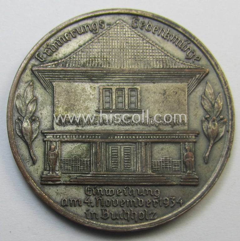 Unusual, N.S.D.A.P.-related supporter-plaque (ie. 'Erinnerungs- o. nichttragb. Auszeichnungsplakette') that shows a portrait of the: 'Reichskanzler' Adolf Hitler surrounded by the text: 'Meinem Führer - unverbrüchliche Treue  - 4.-11-1934 - Buchholz'