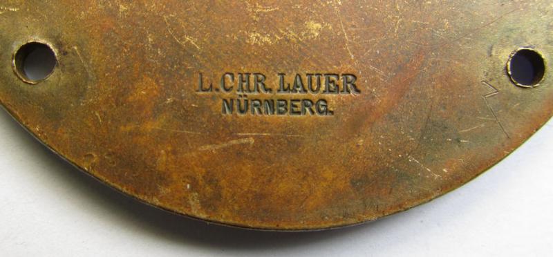 Superb, commemorative N.S.K.K.-related car-plaque (ie. 'Erinnerungs- o. nichttragbare Kraftwagenplakette') showing a car and motorcycle- and/or N.S.K.K.-device and text: 'Zielfahrt Grenzlandkundgebung - Karlsruhe i.b. 1933'