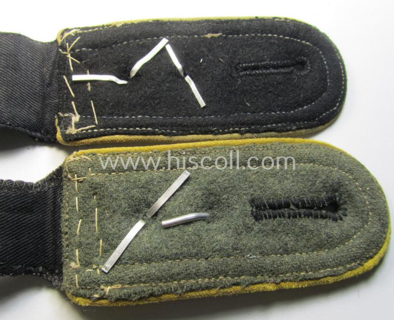 Attractive - truly worn albeit mis-matched! - pair of Waffen-SS, NCO-type shoulderstraps as piped in the bright-yellow-coloured branchcolour as was intended for usage by an: 'SS-Hauptscharführer' who served within the: 'SS Nachrichten-Truppen'