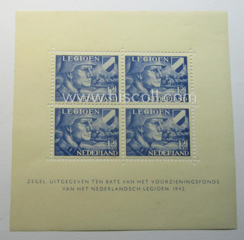 Neat - and complete! - set comprising of two Dutch 'blocks' of resp. 10 (ie. 4) postage-stamps, both as issued in mid-1942 in order to raise funds for the: 'Voorzieningsfonds' of the Dutch Legion (ie. for the Waffen-SS volunteers)