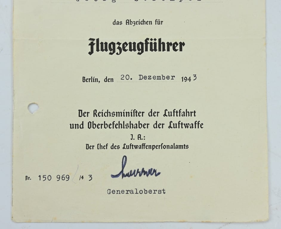 German LW Certificate 'Flugzeugfuhrer' Abzeichen