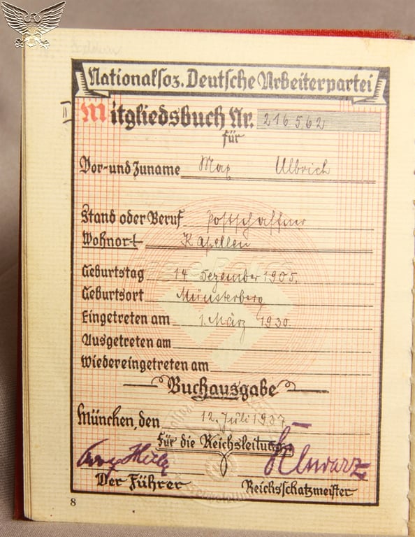 Party Book – Early Member in SA Uniform – NSDAP Mitgliedsbuch
