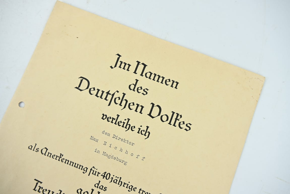 German WH 40 Years of Loyal Service Medal Certificate