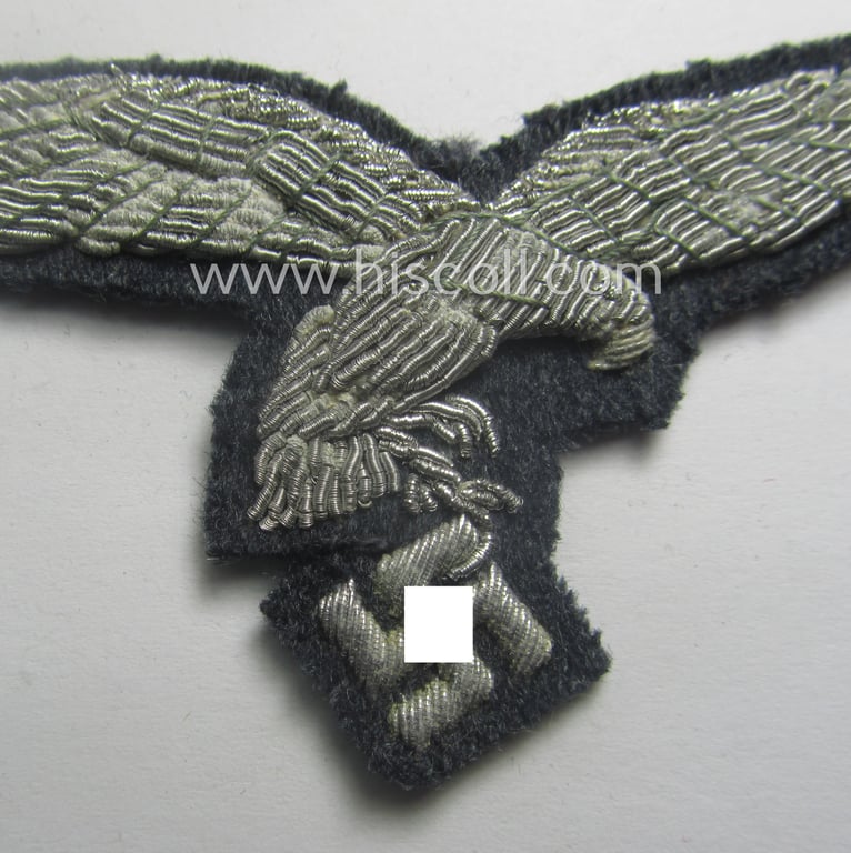 WH (Luftwaffe) officers'-pattern breast-eagle (ie. 'Brustadler für Offiziere der Luftwaffe') being a neatly hand-embroidered example of the: 'Extra Qualität' that comes in a moderately used- (ie. carefully tunic-removed-), condition
