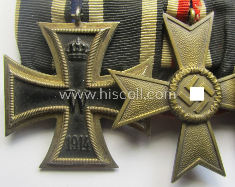 3-pieced 'WWI'- (ie. TR-) related medal-bar (ie. 'Ordenspange') resp. depicting a WWI-period: 'EK II.Kl.', a: 'KvK II. Klasse ohne Schwn.' and a: 'FKK 1914-18 mit Schwn.'