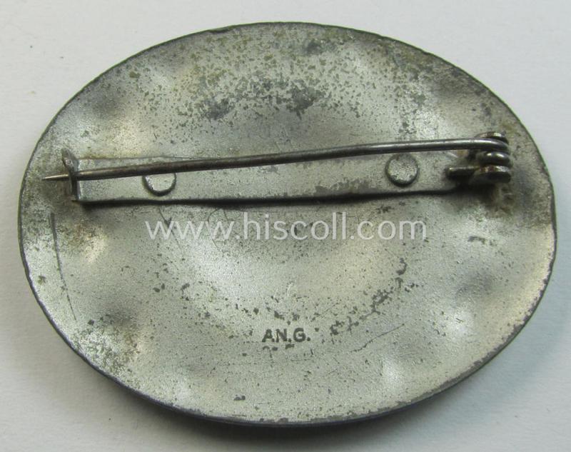 Neat, 'Reichsarbeitsdienst der weiblichen Jugend' (or: RADwJ ie.: Womens' Labour Service) so-called: 'Erinnerungsbrosche' (or: commemorative-brooch) being a maker- (ie. 'An.G.'-) marked example as was executed in greyish-toned, zinc-based meta...