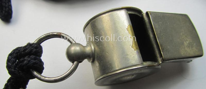 WH (Heeres, Kriegsmarine, HJ etc.) personal-equipment-item: a nickle-chrome-based flute (ie. 'Dienstflöte') onto its original (darker-blue-coloured- and/or twisted) lanyard
