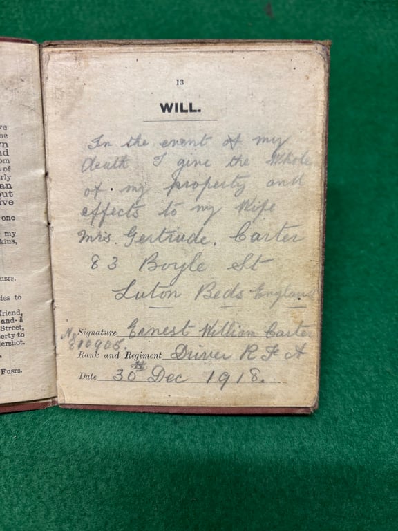 WW1 Paybook to Driver E Carter RFA (TF)