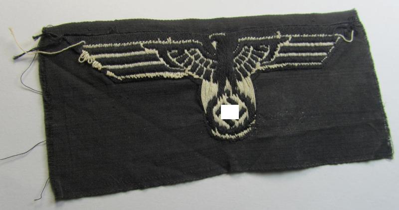 Neat, WH (Heeres) early- (ie. pre-) war-period- and/or white-coloured 'Panzer'-type breast-eagle of the so-called: 'M35'- (ie.'M36'-) pattern as was executed in the neat 'BeVo'-weave pattern on a black-coloured background