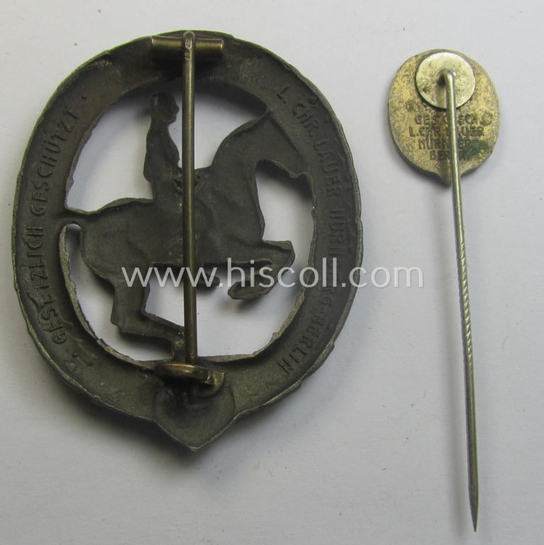 'Deutsches Reiterabzeichen der 3. Klasse (ie. 'in Bronze') being a maker- (ie. 'L.Chr. Lauer'-) marked example that comes together with its accompanying 'Halbminiatur'