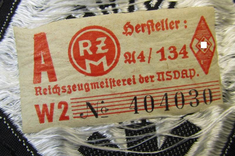 HJ/BDM- (ie. 'Hitlerjugend'/'Bund Deutscher Mädel'-) so-called: 'Leistungsabzeichen in Silber' (or: silver-class youth sports'-badge) being a cloth-version as executed in the neat: 'BeVo'-weave pattern that still retains its period 'RzM'-e...