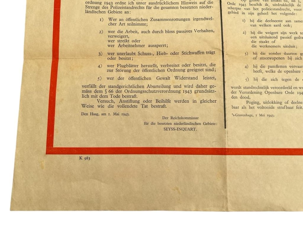 German/Dutch Announcement Poster 1943