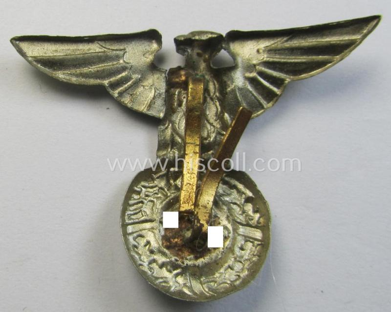 Silver-toned - and I deem 'Buntmetall'-based - early-pattern, SS- o. SA-type, political visor- (ie. 'Schirmmützen'-) cap- ie. 'Kepi'-eagle being a non-maker-marked example that comes in a used- ie. carefully cap-removed-, condition