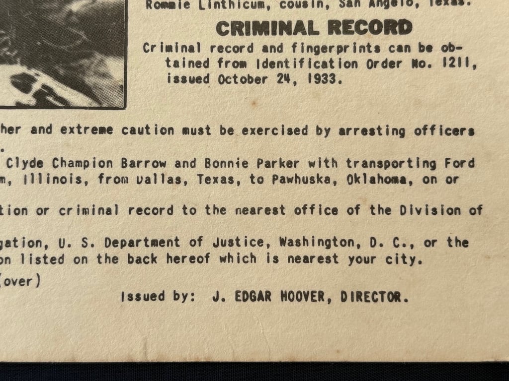 AUTHENTIC ORIGINAL BONNIE & CLYDE ISSUED WANTED POSTER DATED 1934 ADDITIONAL PHOTOS