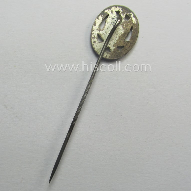 Miniature-lapel-pin depicting an: 'Allgemeines-Sturmabzeichen' (or: general-assault-badge ie. GAB) being a non-maker-marked example as executed in silver-coloured zinc-based metal (ie. 'Feinzink')