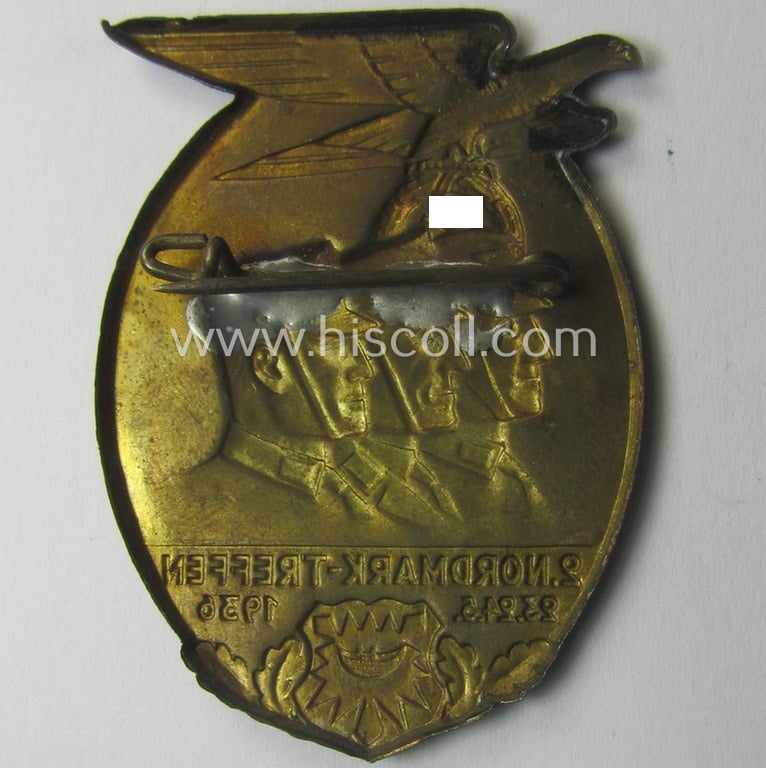 Commemorative, SA- (ie. 'Sturmabteilungen'-) related 'tinnie' depicting an illustration of 3 'SA-Mitglieder' and typical 'Reichsadler'-device coupled with the text: '2. Nordmark-Treffen - 23.24.5.1936'