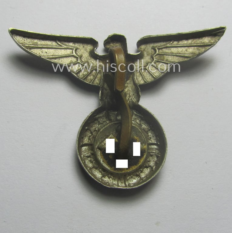 Silver-toned - and 'Buntmetall'-based - early-pattern, SS- o. SA-type, political visor- (ie. 'Schirmmützen'-) cap- (ie. 'Kepi'-) eagle being a non-maker-marked example that comes in a used- ie. carefully cap-removed, condition