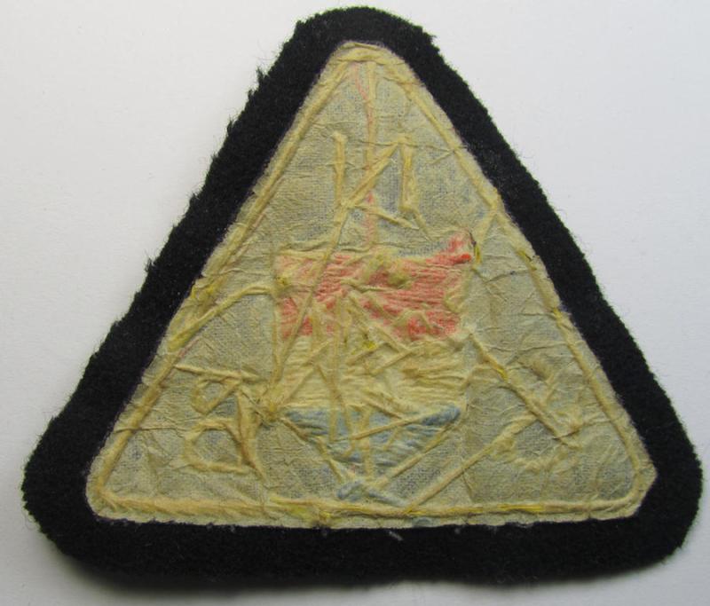 Superb - and presumably Dutch-produced - example of an (I deem) early-pattern and neatly machine-woven NSB- (or: 'Nationaal Socialistische Beweging'-) related- and hand-embroidered arm-patch as was intended for usage on the black-coloured attire