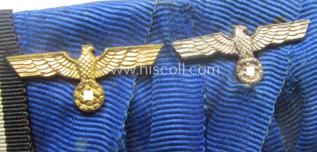 Superb, 3-pieced medal-bar (ie. 'Ordenspange') resp. showing an: 'EK II.Kl.' (in the scarcely seen 'Schinkel'-pattern!) and two WH (Heeres or KM) so-called: 'DA für 4 u. 12 Jahre treue Dienste'