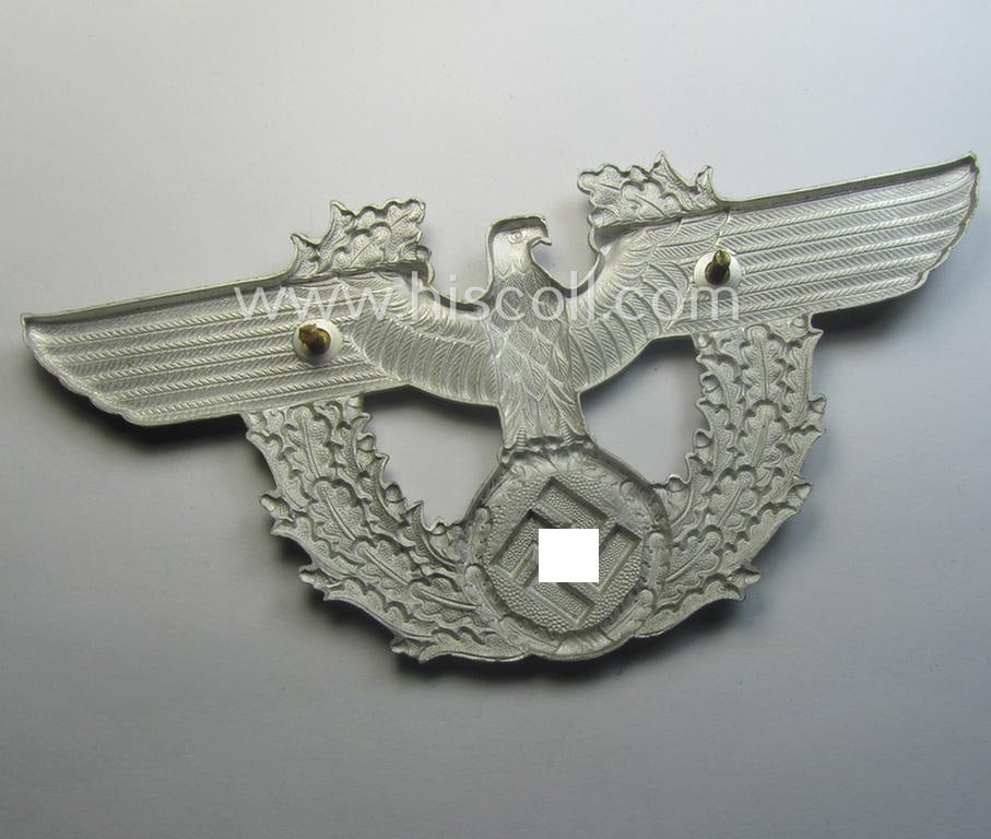 'Standard-issue'-pattern- and aluminium-based, 'Polizei'- (ie. police) 'Tschako' cap-eagle being a bright-silver-coloured- and/or non-maker-marked example as was intended for usage on the various 'Polizei' (ie. police) 'Tschakos'