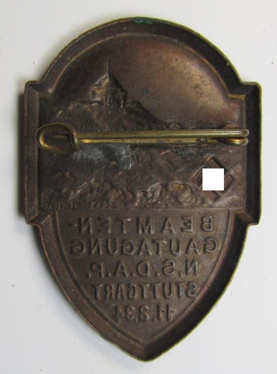 Fairly early-period, zinc-based- ie. copper-toned, N.S.D.A.P.-related day-badge (ie. 'tinnie') as was issued to commemorate an: 'N.S.D.A.P.'-gathering entitled: 'Beambten-Gautagung N.S.D.A.P. - Stuttgart - 11.2.34'