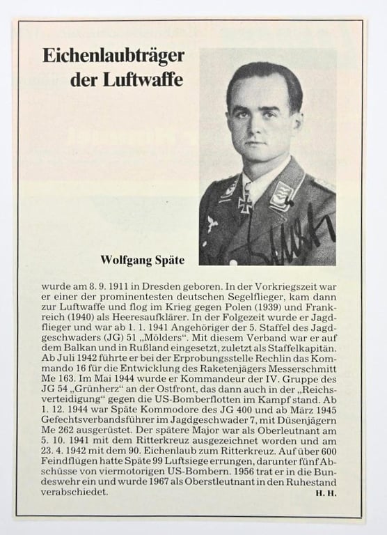 Signature of Luftwaffe KC&OLC Recipient 'Wolfgang Späte'