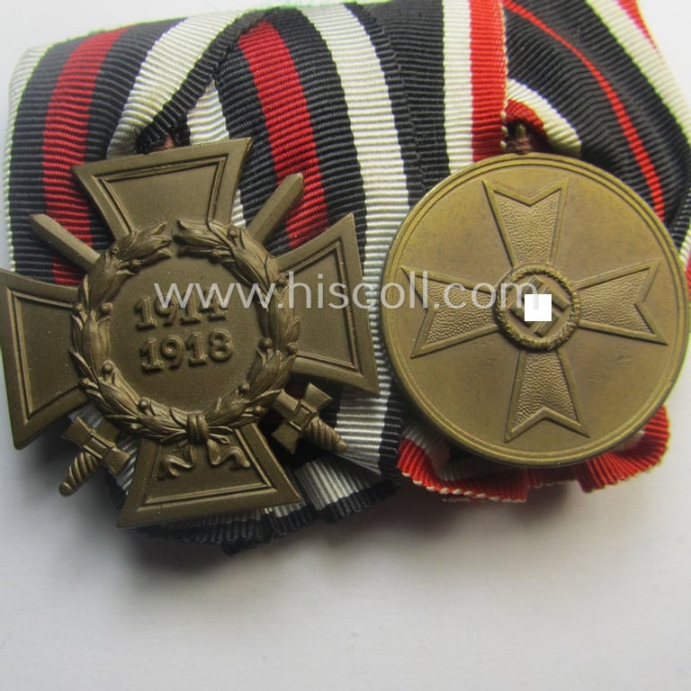 2-pieced, 'WWI'- (ie. TR-) related medal-bar (ie. 'Orden- o. Doppelspange') resp. depicting a WWI-period: 'FKK 1914-18 mit Schwn.' and a: 'Kriegsverdienstmedaille 1939'
