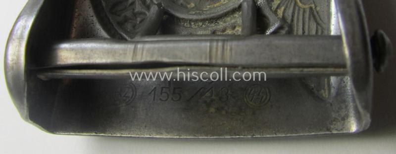 Waffen-SS, enlisted-mens'- (ie. NCO-type-) belt-buckle (being a typical 'RzM - 155/43 - SS'-marked and thus by: 'Assmann'-produced example) that comes in a clearly used- ie. worn, condition