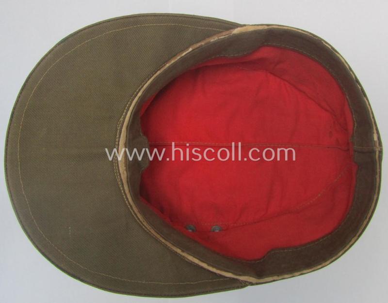 WH (Heeres), 'M41-pattern', tropical-issued field-cap (ie.: 'Tropen-Einheitsfeldmütze') being an (approx.) 57-cms.-sized example that is totally void of a makers'-, date- nor size-designation and that comes in a moderately worn- ie. used, condit...