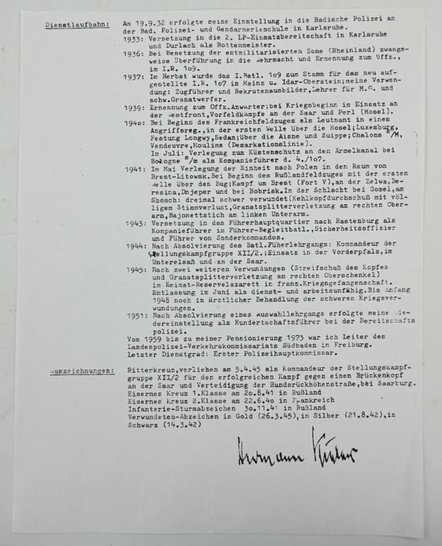 Signature of Wehrmacht Heer KC Recipient 'Hermann Kiefer'