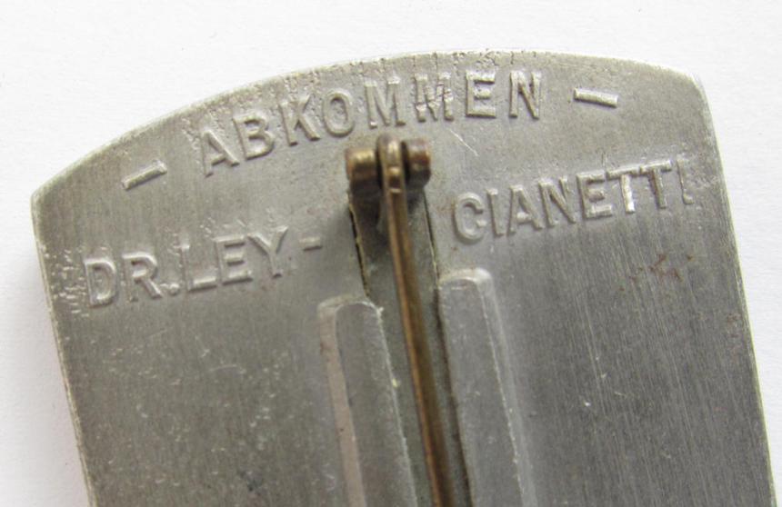 Superb - and rarely encountered! - commemorative, aluminium-based, DAF-related 'tinnie' being a non-maker-marked example aka: 'Offizielles Abzeichen der Teilnehmerdelegation am Abkommen Dr. Ley - Cianetti, 1937'